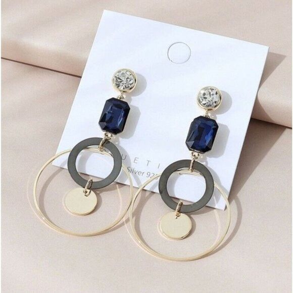 Dangle Earrings Blue & Clear Rhinestones Circles - Statement Earrings, 2.9" Drop - Picture 2 of 6